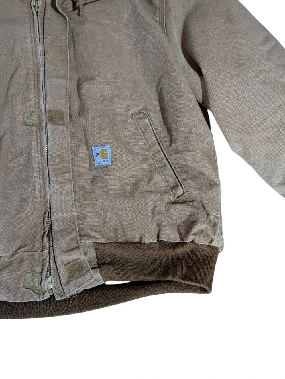 vtg Carhartt Tan Hooded Insulated Work Jacket FRJ184 Flame Resistant Sz L